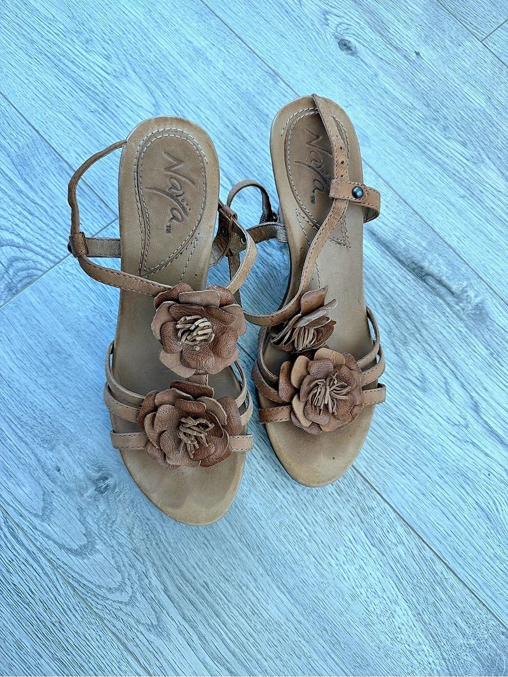 Naya Floral Ankle Strap Heels in Brown